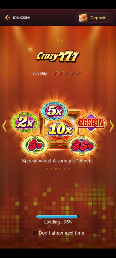 EK1 Game APK interface featuring Crazy777 Spin slot game with colorful reels and bonus rewards.