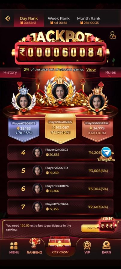 EK1 App displaying Jackpot Ranking123 leaderboard with player rankings and reward information.